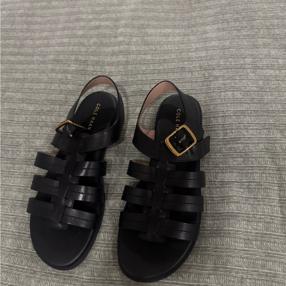 Cole Haan Black Strappy Sandals with Gold Buckle never worn